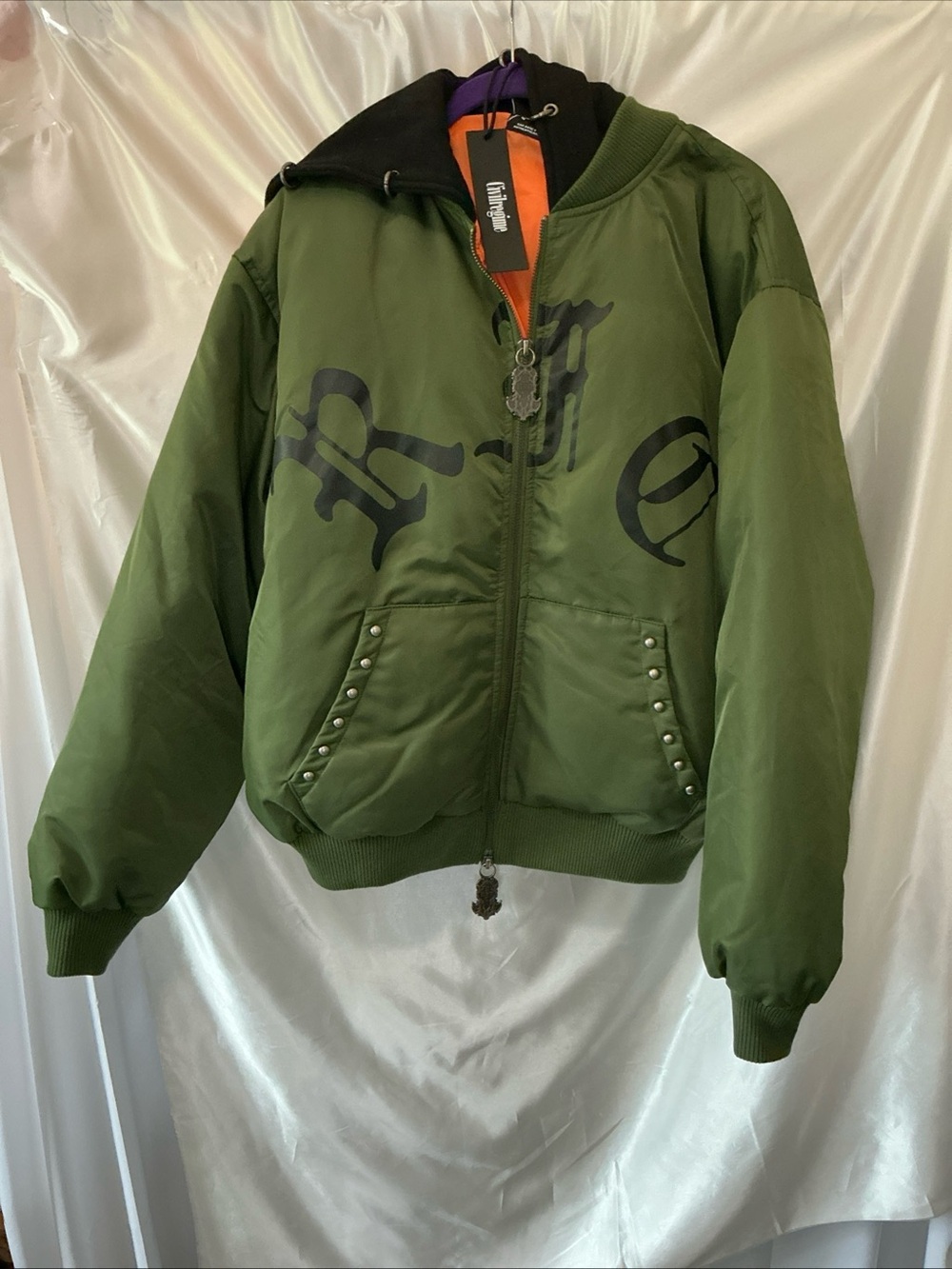 NWT Civil Regime Bomber Hooded Jacket Olive Green Orange Size M Women